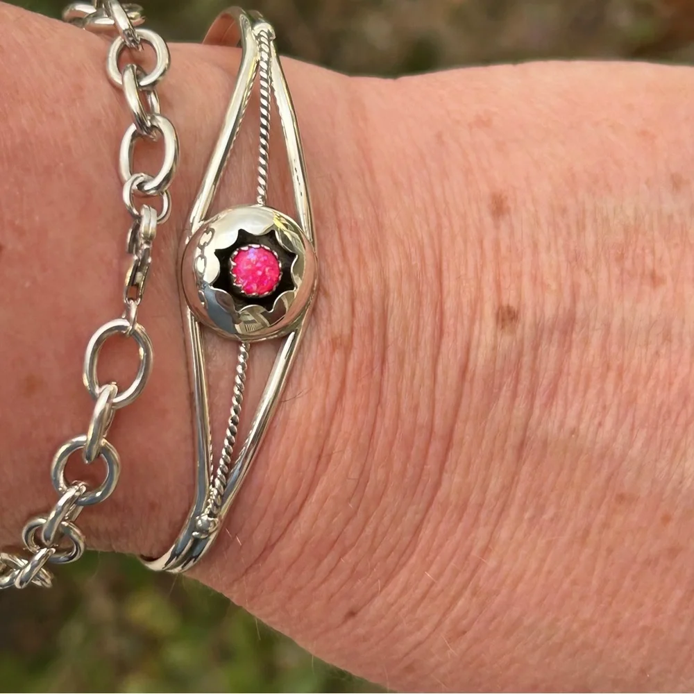 Navajo Hand Made 925 Sterling & Pink Opal Stone Cuff